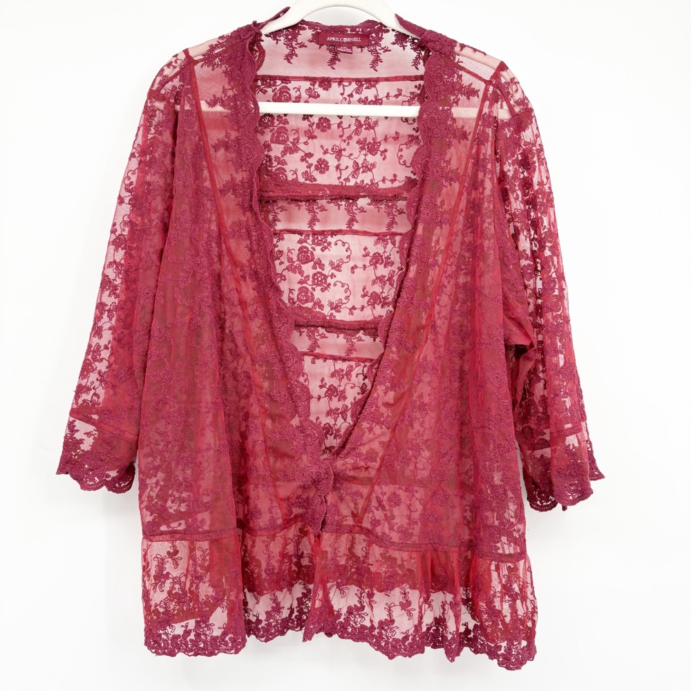 April Cornell Womens Burgundy Floral Lace Romantic Boho Sheer Cardigan XXL